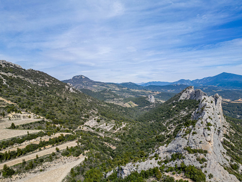 Dentelles de Montmirail drone picture: a small chain of mountains in Provence in France, in the département of Vaucluse, located just to the south of the village of Vaison-la-Romaine.