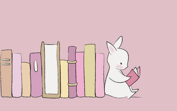 illustrazioni stock, clip art, cartoni animati e icone di tendenza di un coniglio sta leggendo un libro accanto a una pila di libri su uno sfondo rosa. - childrens literature