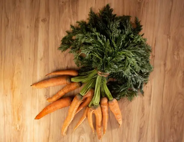 A fresh organic carrots with parsley background on a wooden table top