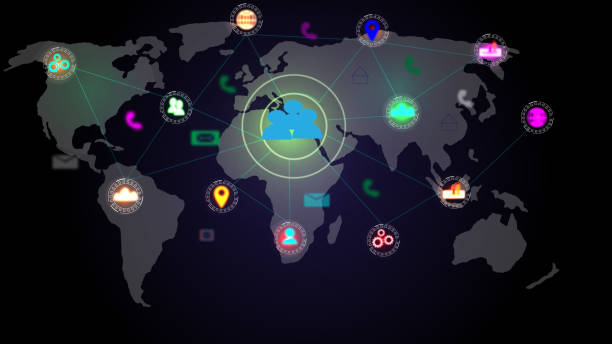 istock Digital technology world map with interface Concept of global business technology and color app icon. 1481640101