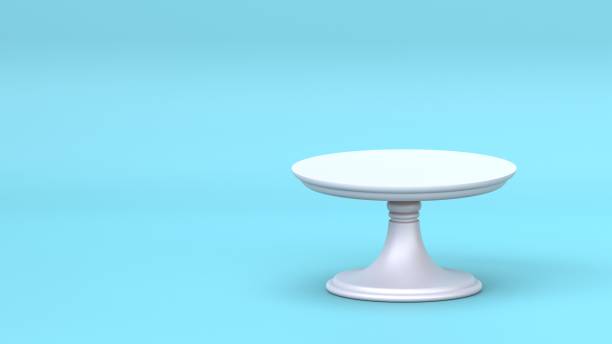 istock White cake stand 3d render on blue background. Empty dessert platter for birthday dishes. Plate tray podium for party. 1481642800