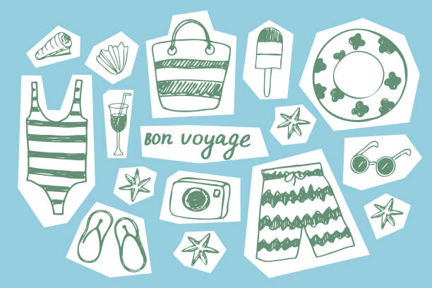 ilustrações, clipart, desenhos animados e ícones de ilustração de férias na praia. conjunto de verão bonito. ícones de sorvete, maiô, conchas, óculos de sol. coleção de scrapbooking de verão, elementos para festa na praia, banner, cartão postal. elemento de design. vetor - swimming trunks swimwear summer bikini