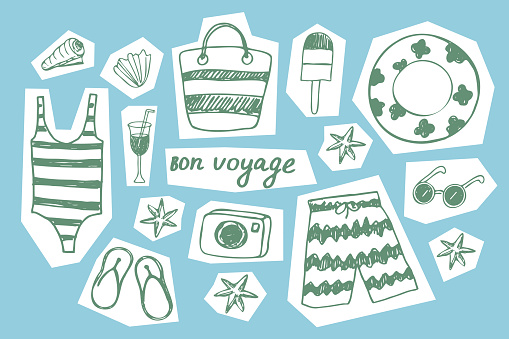 Beach vacation illustration. Set of cute summer. Ice cream icons, swimsuit, seashells, sunglasses. Collection of summer scrapbooking, elements for beach party, banner, postcard. Design element. Vector illustration