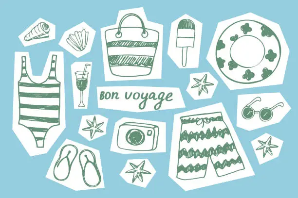 Vector illustration of Beach vacation illustration. Set of cute summer. Ice cream icons, swimsuit, seashells, sunglasses. Collection of summer scrapbooking, elements for beach party, banner, postcard. Design element. Vector