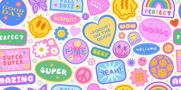 illustrations, cliparts, dessins animés et icônes de cool y2k modèle sans couture. autocollants collage textute. fond groovy à la mode. patchs pop art. badges de sourire drôles comiques. - symbole de papillon