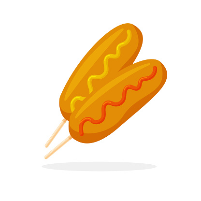 Corndog with mustard and ketchup sauce. Fast food icon. Bbq. Design element for your poster, web page, menu, brochure, flyer. Vector illustration in trendy flat style isolated on white background.