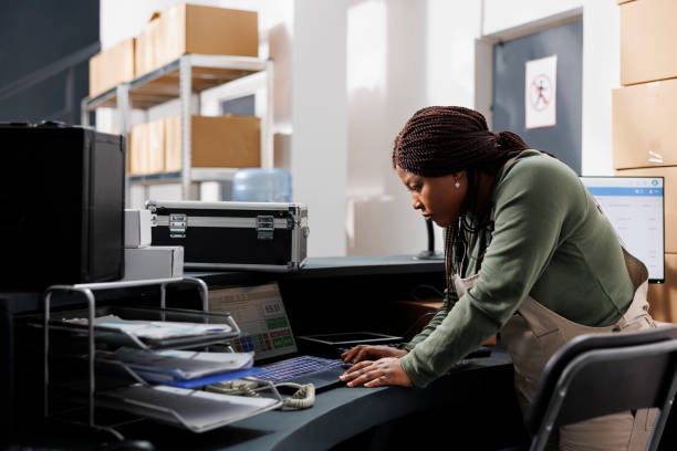 istock Storehouse manager analyzing goods logistics on laptop 1481651747