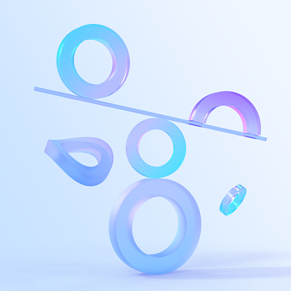 Abstract geometric composition with glass rings and line. Iridescent holographic crystal shapes with gradient texture in motion 3d render. Concept of balance, digital art object. 3D Illustration