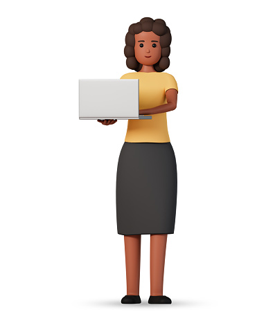 3d illustration of young african woman standing full length and hold laptop isolated on white background
