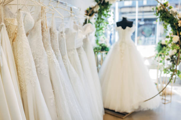 Bridal dresses in the bridal shop stock photo