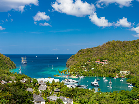 Elevated view of Marigot Bay, St. Lucia.