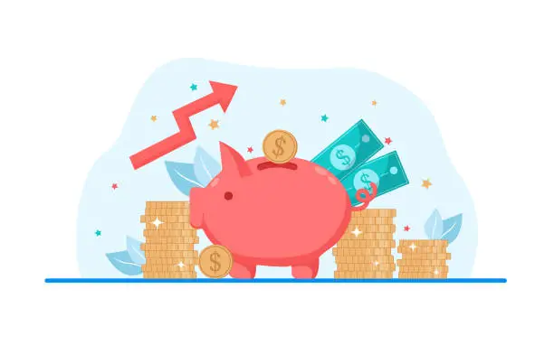 Vector illustration of Save money and investment management finance technology. Calculating and analyzing personal or corporate budget, managing financial income. Vector illustration