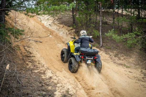 istock Professional quad biker rides fast on sand. Quad racing, ATV 4x4 1481655354