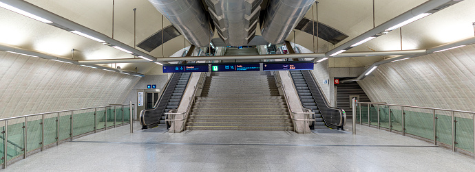 London, UK - 20 March, 2024: the futuristic ultra-modern architecture inside Southwark tube station in London, UK.