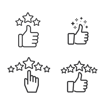 Сustomer satisfaction icon. Reputation 5 stars line icon with thumb up.