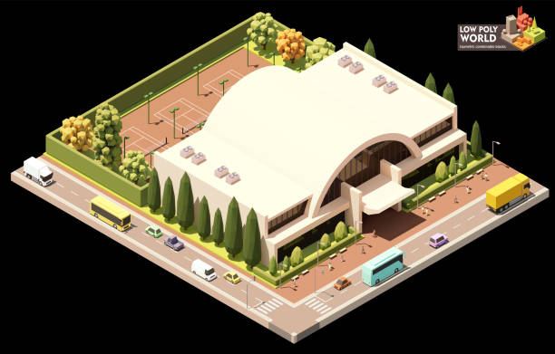 Vector isometric tennis venue building Vector isometric stadium building. Modern sports venue exterior. Sport arena, people and transport on the street. Combinable map elements 3d city street stock illustrations
