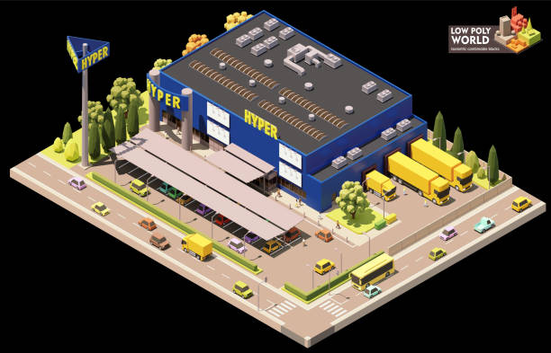 Vector isometric hypermarket building Vector isometric hypermarket building. big-box store building exterior. Department store. Big shop with car parking 3d city street stock illustrations