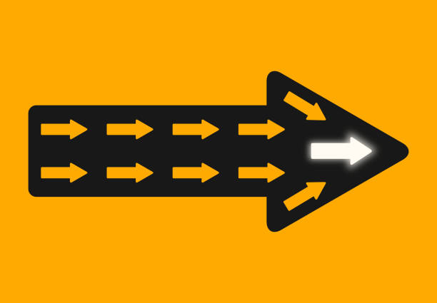 illustrations, cliparts, dessins animés et icônes de leadership, chef d’équipe et concept gagnant avec symboles fléchés. se démarquer de la foule, penser différemment - modèle social