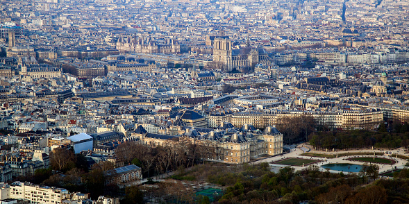 Aerial view of Paris, France - Luxembourg Palace and Gardens, Notre-Dame, etc.