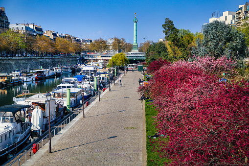 Canal Saint-Martin and Place de la Bastille in Paris, France.