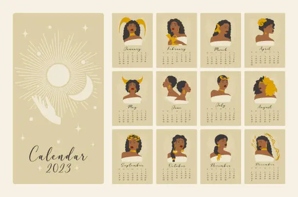 Vector illustration of Calendar with astrological contemporary signs cartoon illustrations. Horoscope women symbols