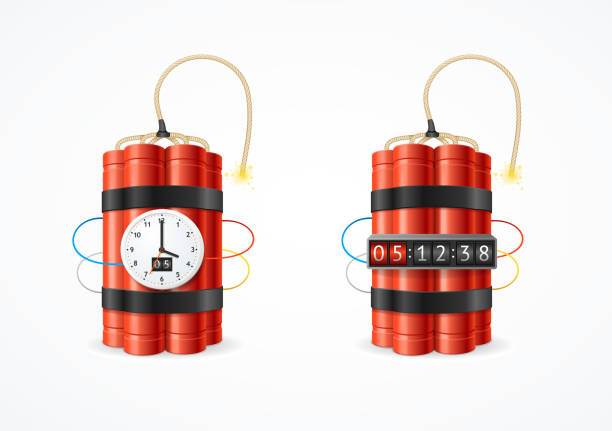 realistyczny szczegółowy 3d red detonate dynamite bomb stick i inny zestaw zegara czasowego. wektor - bomb fuse explosive white stock illustrations
