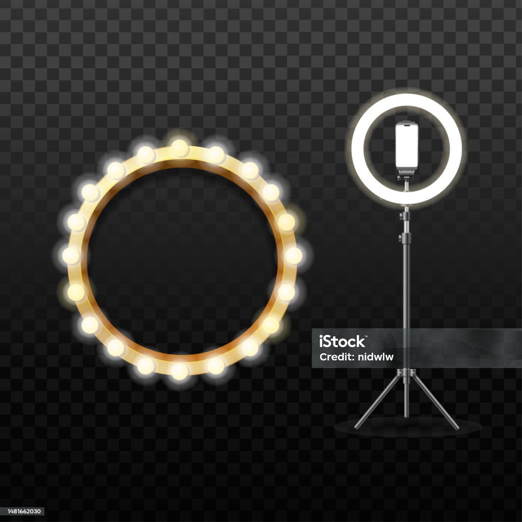 Realistic Detailed 3d Led Ring Lamp And Circle Mirror Set Vector Stock ...