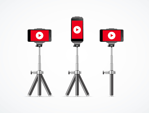 Realistic Detailed 3d Mobile Phone on Different Tripod Stand Set Live Stream or Vlogging Concept. Vector illustration