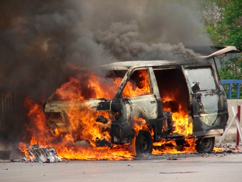 Burning Van caused by a Bomb
