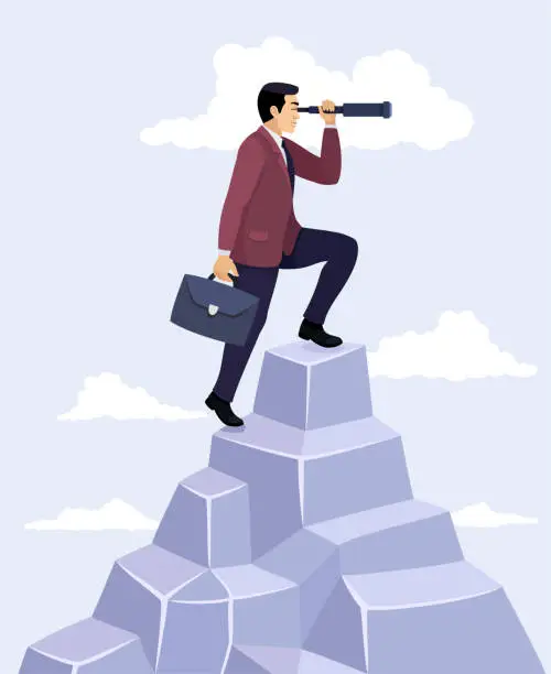 Vector illustration of Business vision concept. Businessman standing on top of mountain and  looking through a telescope.