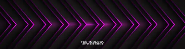 Vector illustration of 3D black techno abstract background overlap layer on dark space with purple arrow effect decoration. Modern graphic design element cutout style concept for banner, flyer, card, or brochure cover