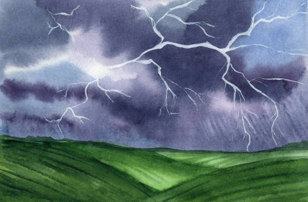 istock Watercolor field landscape. Dark sky with clouds and lightning. Thunderstorm. Horizontal hand-drawn illustration. 1481666305