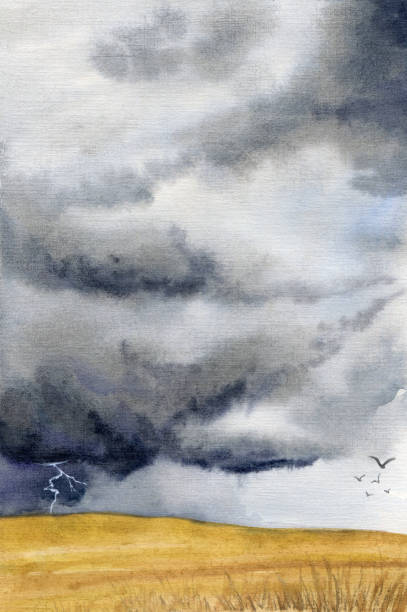 istock Watercolor field landscape. Dark sky with clouds and lightning. Thunderstorm. Vertical hand-drawn illustration. 1481666486