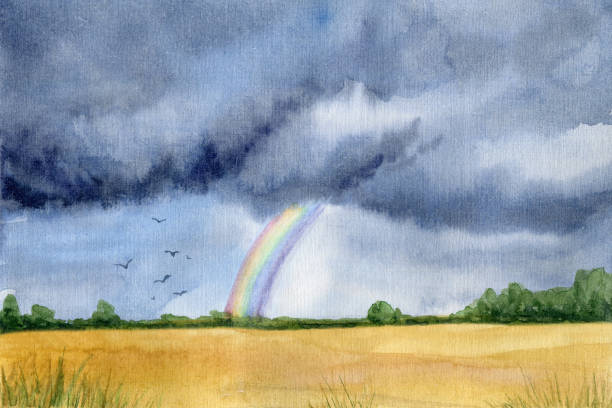 istock Watercolor field landscape. Dark sky with clouds and rainbow. Trees and birds. Horizontal hand-drawn illustration. 1481666827