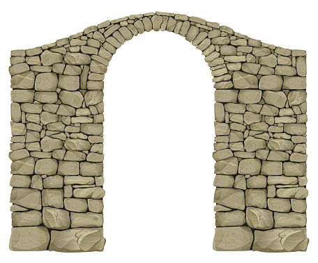 Vector realistic mountain stone arched vintage boulder bridge. Retaining wall or fence