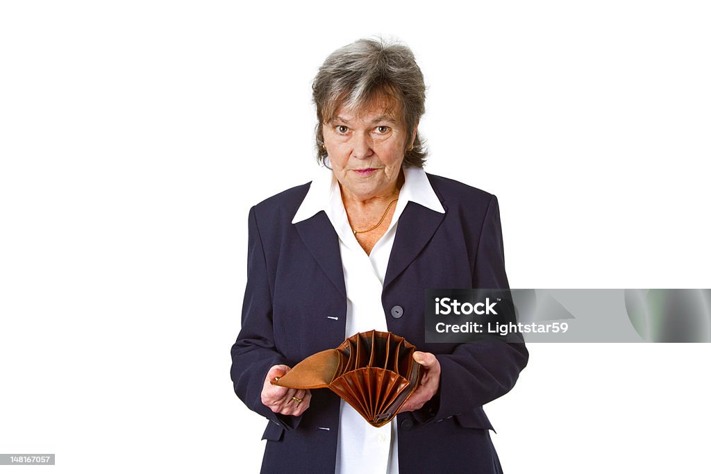 Female senior showing empty wallet Female senior showing empty wallet - isolated on white background Empty Wallet Stock Photo