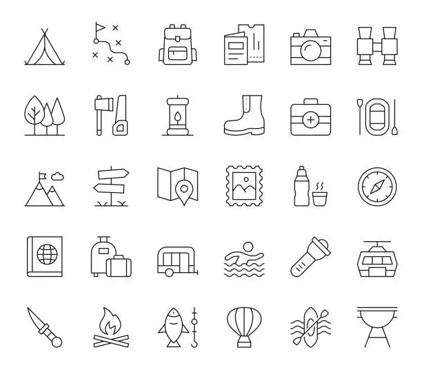 Vector illustration of Outdoor Pursuit Editable Stroke Line Icons