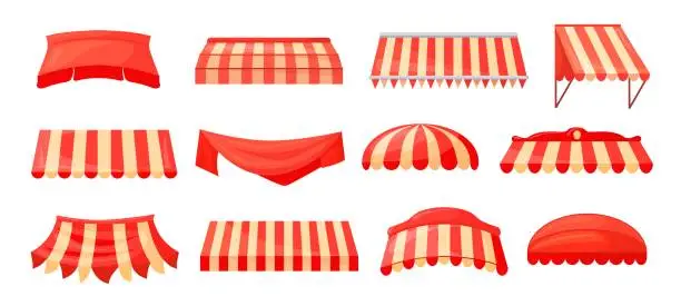 Vector illustration of Store canopies. Red storefront canopy or striped awnings outdoor shop, sunshade sheltered market rain tent for roof restaurant window umbrella summer cafe, neat vector illustration