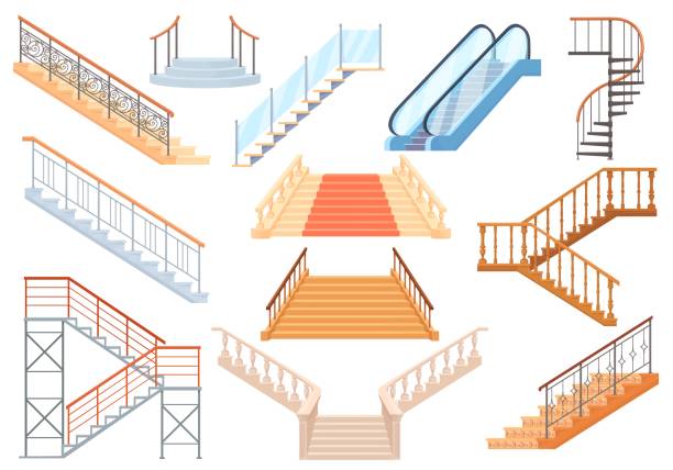 Cartoon staircases. Wooden stone and metal staircase, vintage spiral stairway or subway escalator, carpet marble stairs on top Cartoon staircases. Wooden stone and metal staircase, vintage spiral stairway or subway escalator, carpet marble stairs on top house office hotel apartment neat vector illustration house railing stock illustrations