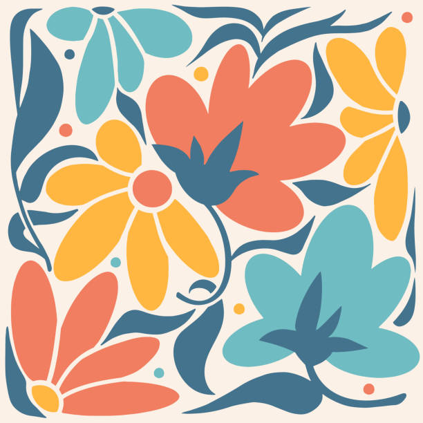 cetakan bunga abstrak dengan bunga dan daun. seni modern yang digambar tangan, desain poster hippie. doodle alam yang digambar tangan organik vintage. grafik sederhana botani naif. warna alami retro yang diredam. - dunia alami foto ilustrasi stok