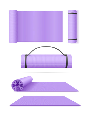 Realistic 3d Detailed Violet Exercise Mat Set Rolled and Half Rolled Yoga Foam Mat. Vector illustration