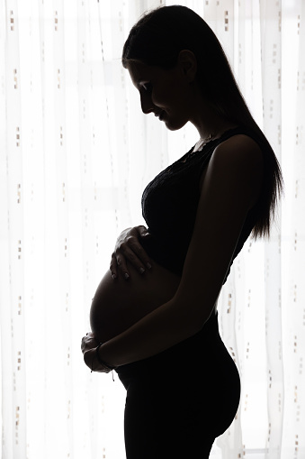 Silhouette image with a pregnant woman posing against a bright background.