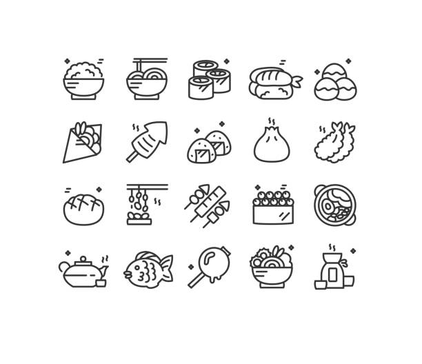 ilustraciones, imágenes clip art, dibujos animados e iconos de stock de conjunto de iconos de línea delgada negra de signo de comida de japón. vector - comida japonesa