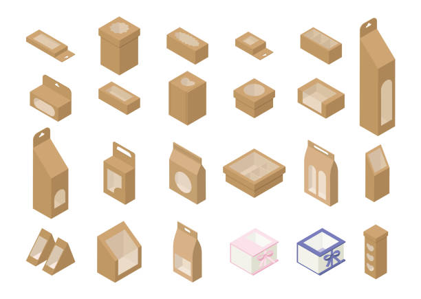 Paper Bags and Box with Insert Window, Isometric Vector Set Paper bags with insert window. Paper bags and boxes with windows. Isometric Vector illustration. cake models stock illustrations