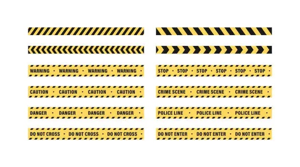Vector illustration of Safety ribbon symbol. Vector color illustration set. Yellow and black restriction line seamless tape with warning, caution, danger, do not cross text. Police and crime scene sign.