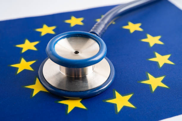 istock Stethoscope on EU flag background, Business and finance concept. 1481686105