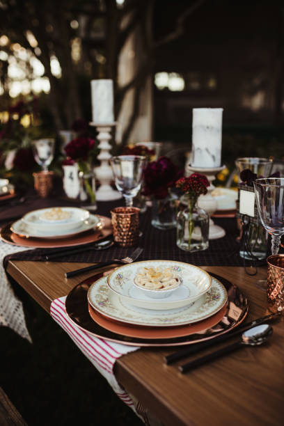 Plates and candles on a wedding reception dinner