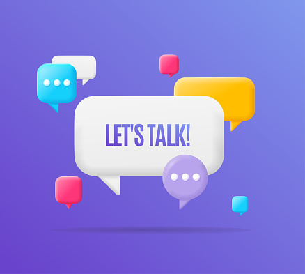 3d Lets Talk Banner Plasticine Cartoon Style with Different Speech Bubbles . Vector illustration of Dialog Concept