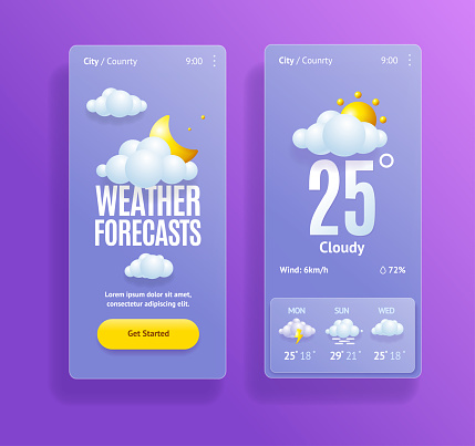 3d Weather App Template Set Plasticine Cartoon Style Meteorology Widget . Vector illustration of Mobile Application UI