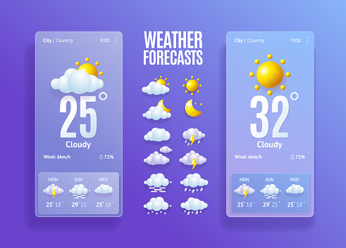 3d Weather Forecast App Template with Icons Set Plasticine Cartoon Style. Vector illustration of Mobile Application UI